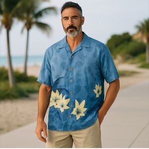 TOMMY BAHAMA HAWAIIAN HIBISCUS CAMP SHIRT SIZE LARGE, 100% SILK, GREAT CONDITION